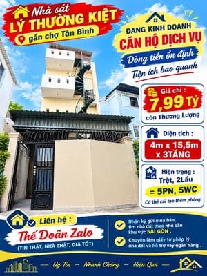 Nhà sát LÝ THƯỜNG KIỆT gần chợ Tân Bình, đang KD căn hộ dịch vụ.
