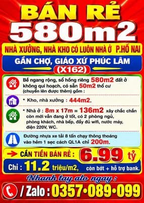 580m2 bán rẻ nhà xưởng, nhà kho, nhà ở p.hố nai gần giáo xứ phúc lâm