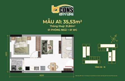 Căn hộ NOXH Bcons City Life 1PN 35,53m²