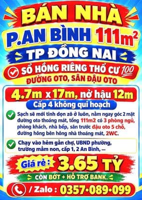111m2 bán nhà an bình, sổ hồng riêng thổ cư đường oto, sân đậu oto