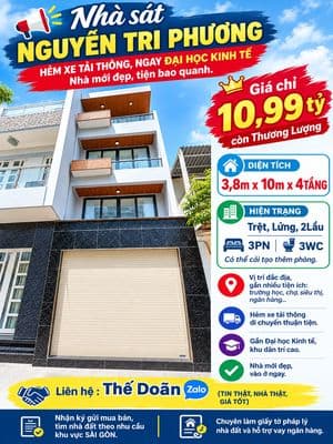 Nhà sát NGUYỄN TRI PHƯƠNG, hẻm xe tải thông, ngay Đại Học KINH TẾ