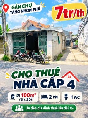 (7tr) Cho thuê nhà cấp 4 - 100m2 - ngay chợ Tăng Nhơn Phú