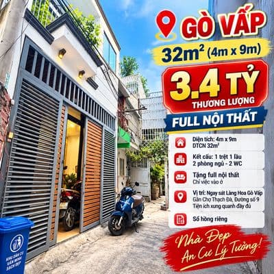 Gò vấp 32m²(4mx9m) - 3.4 tỷ – full nội thất – đs 9 sát làng hoa