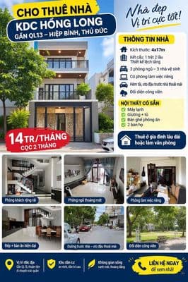 Cho thuê nhà (4x17m) mặt tiền hẻm xe tải 12m - đs8, hiệp bình, 3pn