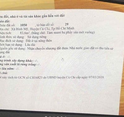Bán gấp đất thổ cư ở Huyện Củ Chi, Xã Bình Mỹ