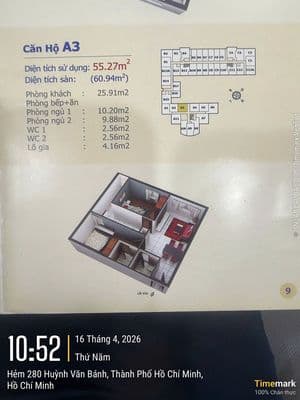 Bán căn hộ 60m2, 2pn, 2wc, tầng 9 hqc Hóc Môn